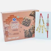 Om Jewel Rakhi for Brother with Beaded Lumba Rakhi and Choco Chips Branded Cookies