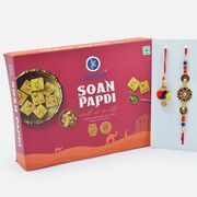 Meenakari Work Design Bhai Rakhi with Lumba Rakhi and Soan Papdi Sweet