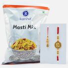 Golden Coin Shape Design Brother Rakhi with Lumba Rakhi and Mixture Namkeen Masti Mix