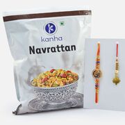 Modern Design Stylish Couple Rakhis with Navrattan Kanha Namkeen