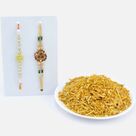 Flower Shape White and Sandalwood Beaded Rakhis with Dry Fruit Mix Namkeen
