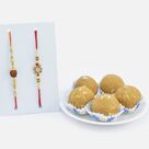 Rudraksha and Flower Designer Beaded Rakhis for Two Brothers with Tasty Mouth Watering Besan Ke Laddu
