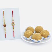 Rudraksha and Flower Designer Beaded Rakhis for Two Brothers with Tasty Mouth Watering Besan Ke Laddu