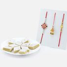 Two Stunning Looking Brother Rakhis with One Beaded Lumba Rakhi and Mouth Watering Kaju Katli Sweet