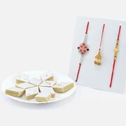 Two Stunning Looking Brother Rakhis with One Beaded Lumba Rakhi and Mouth Watering Kaju Katli Sweet