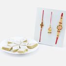 Marvelous Looking Divine and Jewel Brother Rakhis with Golden Meena Work Lumba Rakhi and Kaju Katli Sweet