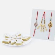 Two Amazing Jewel Studded Brother Rakhis with Multi Threaded Lumba Rakhi and Delicious Kaju Katli Sweet