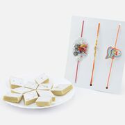 Two Doremon and Matu Patlu Kids Rakhis with Golden Color Bhai Rakhi and Kaju Katli Sweet