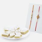 Sandal Beads and Divine Kalash Rakhis with Fresh Braded Kaju Katli Sweet