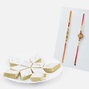 Sandal Beads and Divine Kalash Rakhis with Fresh Braded Kaju Katli Sweet
