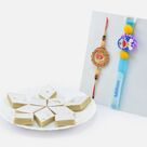 Flower Rakhi for Brother with Doremon Bracelet Kid Rakhi and Delicious Kaju Ki Katli Sweet