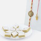 Hanging Leaf Lumba Rakhi with Zardosi Bhai Rakhi and Kaju Katli Tasty Sweet