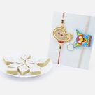 Leaf Design Zardosi Work Bhai Rakhi and Space Toy Kid Rakhi with Branded Favorite Kaju Katli Sweet