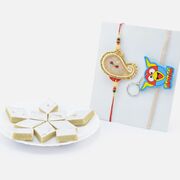 Leaf Design Zardosi Work Bhai Rakhi and Space Toy Kid Rakhi with Branded Favorite Kaju Katli Sweet