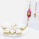 Pink Color Zardosi Work Bhaiya Rakhi and Meena Work Lumba Rakhi with Delicious Tasty Kaju Katli Sweet