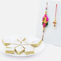 Pink Color Zardosi Work Bhaiya Rakhi and Meena Work Lumba Rakhi with Delicious Tasty Kaju Katli Sweet