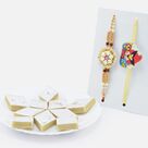 Flower Design Zardosi Beaded Bhai Rakhi with Angry Bird Space Toy Rakhi and Kaju Katli Sweet 
