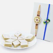 Rakhi with Sweet Hamper Delicious Kaju Katli Sweet with Vir Kid Rakhi and Zardosi Work Brother Rakhi