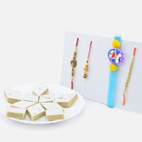 Mouth Watering Luscious Kaju Katli Sweet with Rakhis Set for Family of Amazing Bhaiya Bhabhi and Kid Rakhis