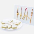 Nice Looking Fine Work Design Two Bhaiya Bhabhi Rakhi Pairs with Kaju Katli Sweet