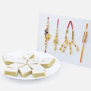 Nice Looking Fine Work Design Two Bhaiya Bhabhi Rakhi Pairs with Kaju Katli Sweet