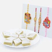 Cartoon Character Kids Rakhis with Meena Work Bhai Rakhis and Tasty Top Quality Kaju Katli Sweet