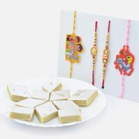 Cartoon Character Kids Rakhis with Meena Work Bhai Rakhis and Tasty Top Quality Kaju Katli Sweet