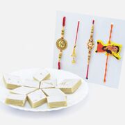 Best Quality Kaju Katli Sweet with Design Bhaiya Rakhis and One Lumba with Cartoon Kid Rakhi