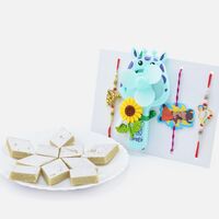 Two Toy and Cartoon Kids Rakhis with Auspicious Brother Rakhis and Kaju Katli Delicious Sweet