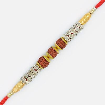 Awesome Designer Beads Golden Polki Triple Rudraksh Rakhi Thread