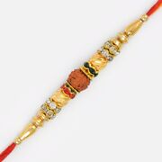 Awesome Rudraksha and Golden Beads with Zig-Zag Diamonds Thread Rakhi