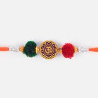 Floral Shape Wooden Type Embossed Om Thread Rakhi