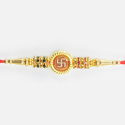 Divine Swastika Blessed Jewel and Golden Beads Liner Thread Rakhi