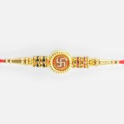 Divine Swastika Blessed Jewel and Golden Beads Liner Thread Rakhi