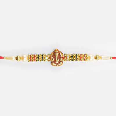 Shri Ganesha in Mid with Colorful Design Jewel and White Pearl New Style Thread Rakhi