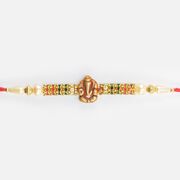 Shri Ganesha in Mid with Colorful Design Jewel and White Pearl New Style Thread Rakhi