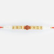 Rudraksha in Mid of Golden Beads White Beads Design Thread Bhai Rakhi