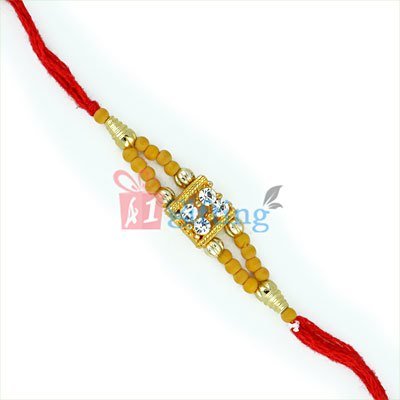 Sober Premium Thread Rakhi with Wooden n Golden Beads and Diamonds