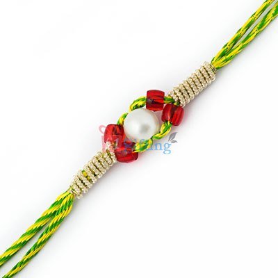 Natural color of green centered with pearl and red beads Rakhi