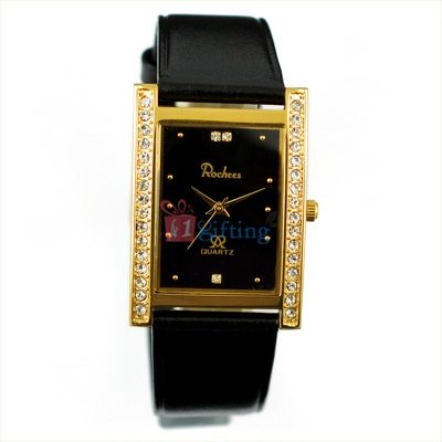 Square Rochees Wrist Watch for Men Leather Strap with Diamond Fitted