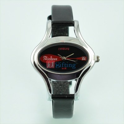 Oval Shape Watch for Women Brand Rochees Silver with Leather Strap