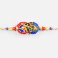 Blue and Red Base Design Peacock Studded Handcrafted Zardosi Work Rakhi for Bhai