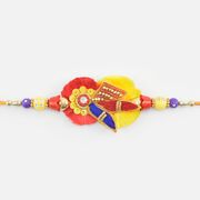 Yellow and Red Base Design Antique Looking Flower Zardosi Rakhi