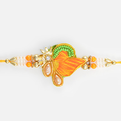 Orange Color Pearl Studded White Beads Designer Zardosi Work Rakhi