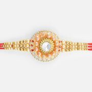 Circular Shape Design Pearl On Golden Base Design Marvelous Diamond Zardosi Rakhi for Brother