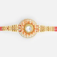 Circular Shape Design Pearl On Golden Base Design Marvelous Diamond Zardosi Rakhi for Brother