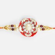 Jewel On Flower On Red Base Designer Gold and Brown Beads Zardosi Rakhi for Brother