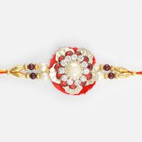 Jewel On Flower On Red Base Designer Gold and Brown Beads Zardosi Rakhi for Brother